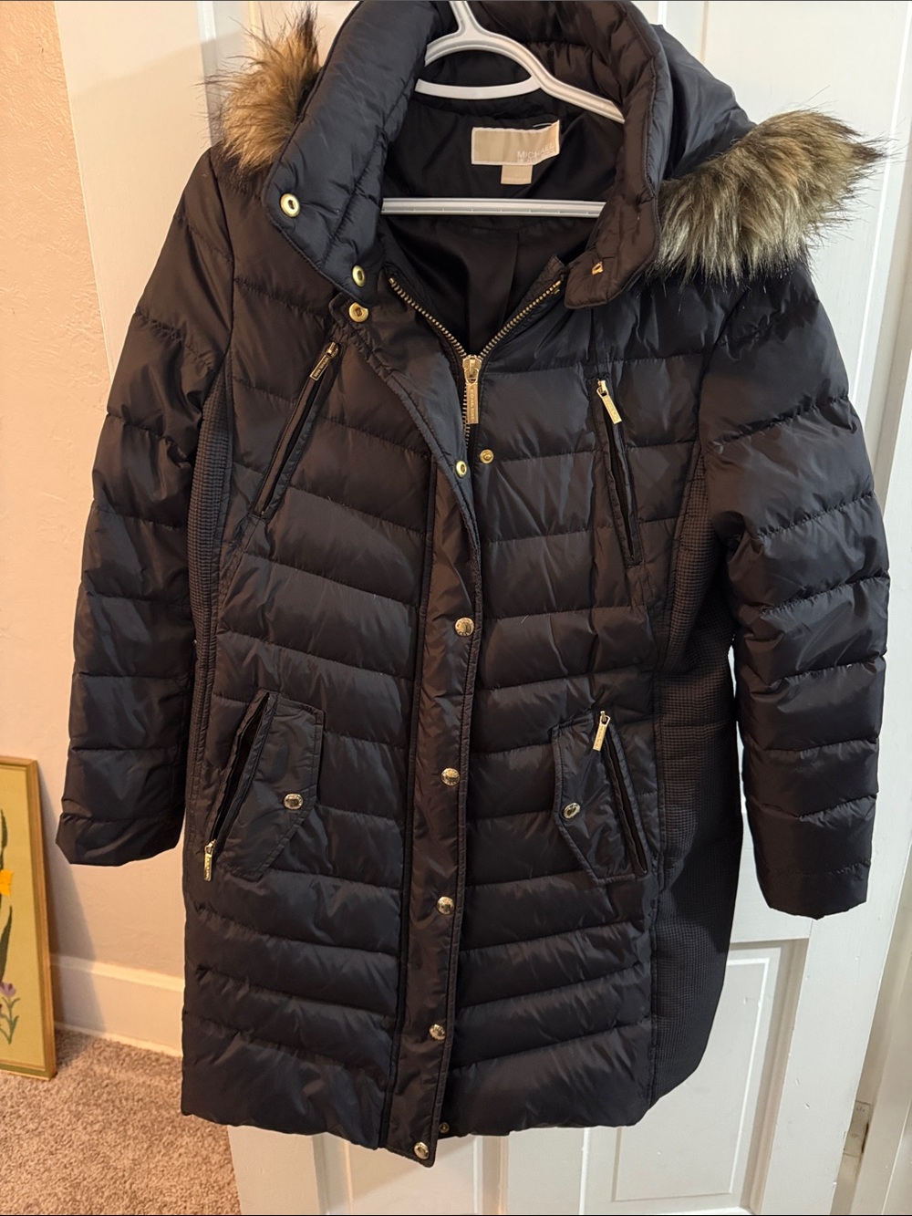 Michael Kors Black Quilted Puffer Coat with Faux Fur Hood Trim